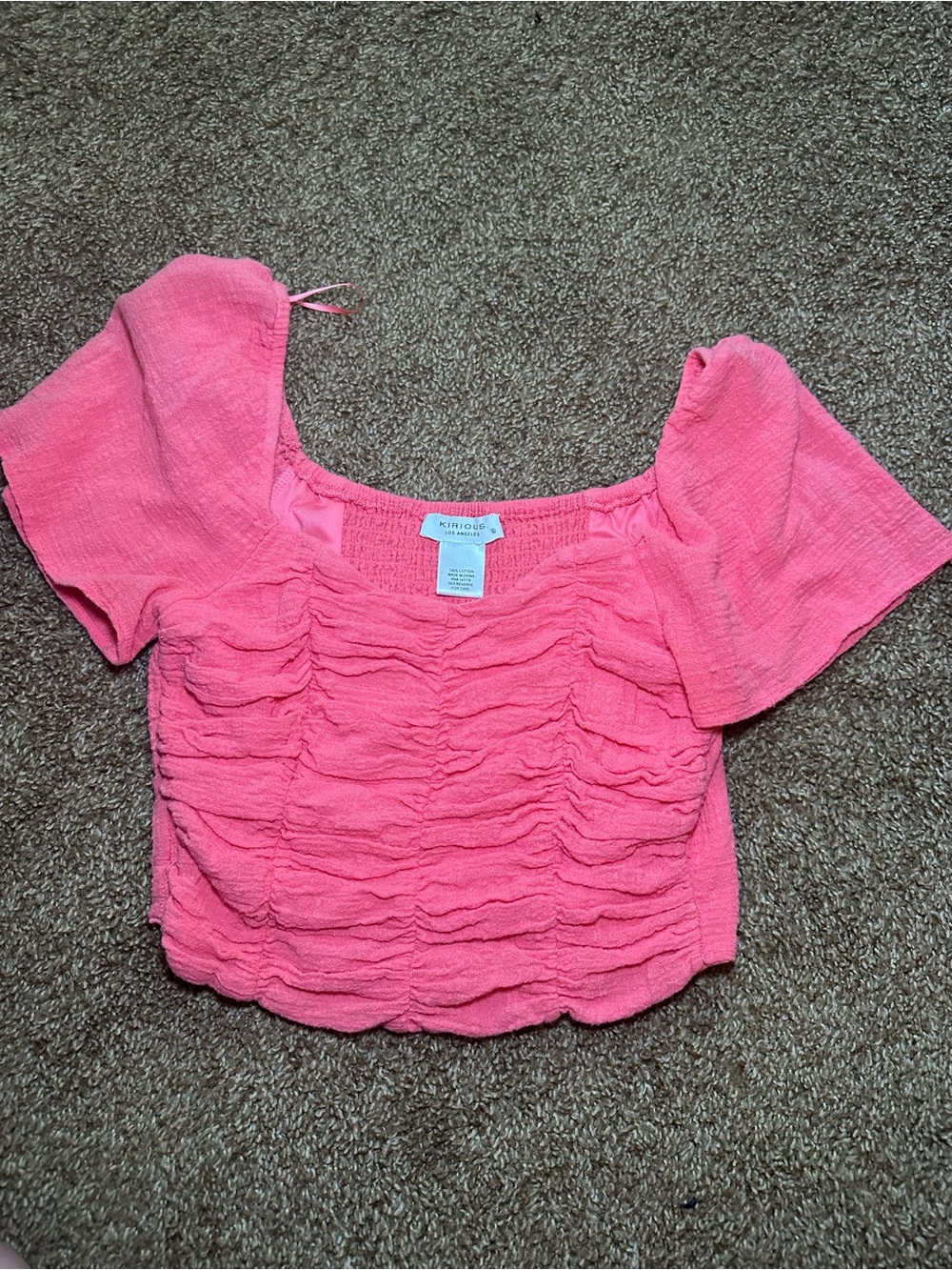 Pink Ruched Puff Sleeve Crop Top
